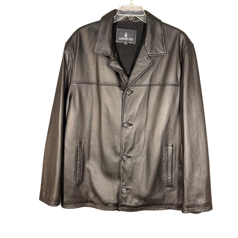 London Fog Mens XL Black Genuine Leather Driving Jacket Button Front Minimalist